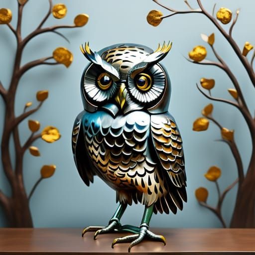 Metal Artwork: Detailed Owl Sculpture