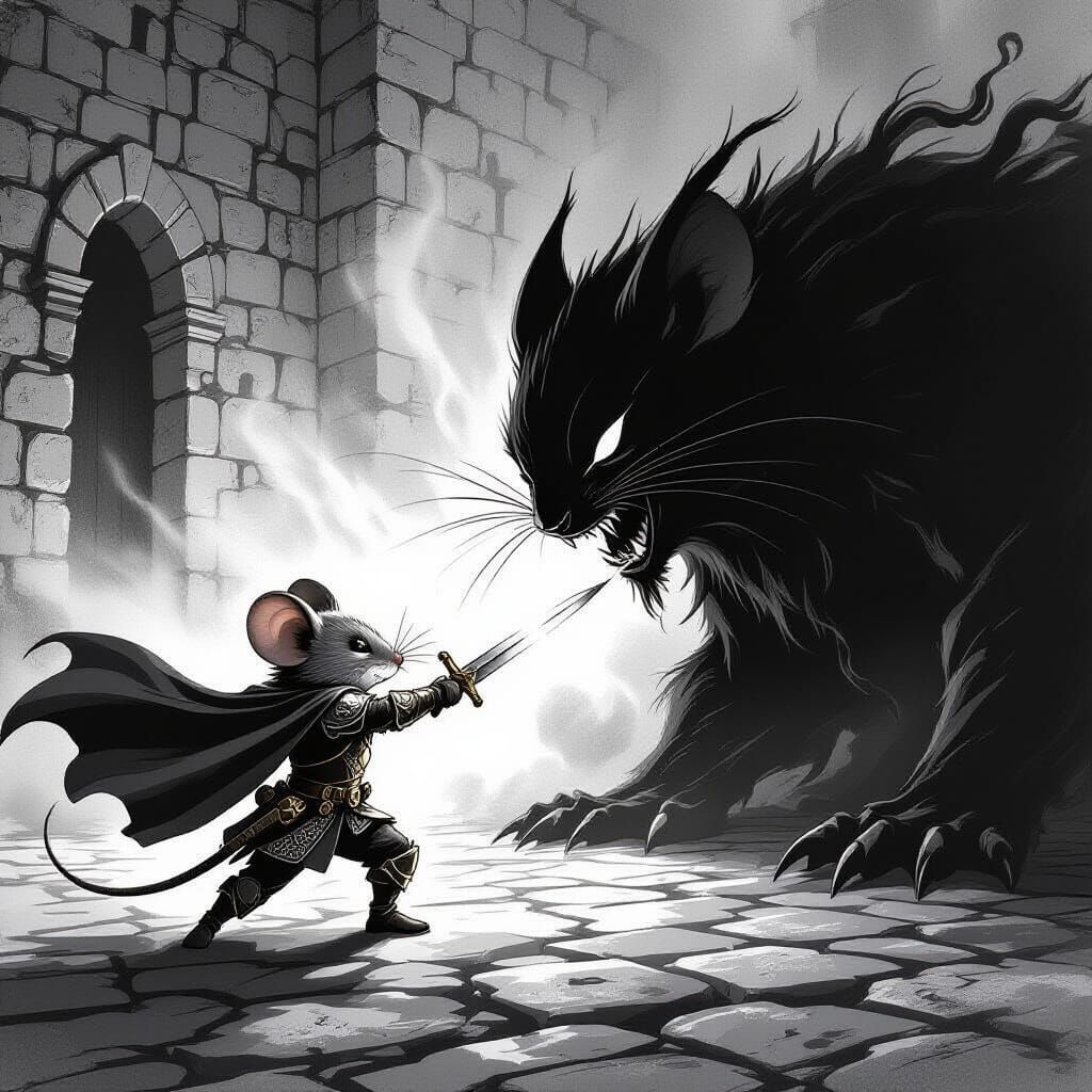 A dramatic, cinematic scene. A tiny mouse warrior (Finn), wearing a flowing cape and detailed armor, fiercely lunges with his sword. He is b...