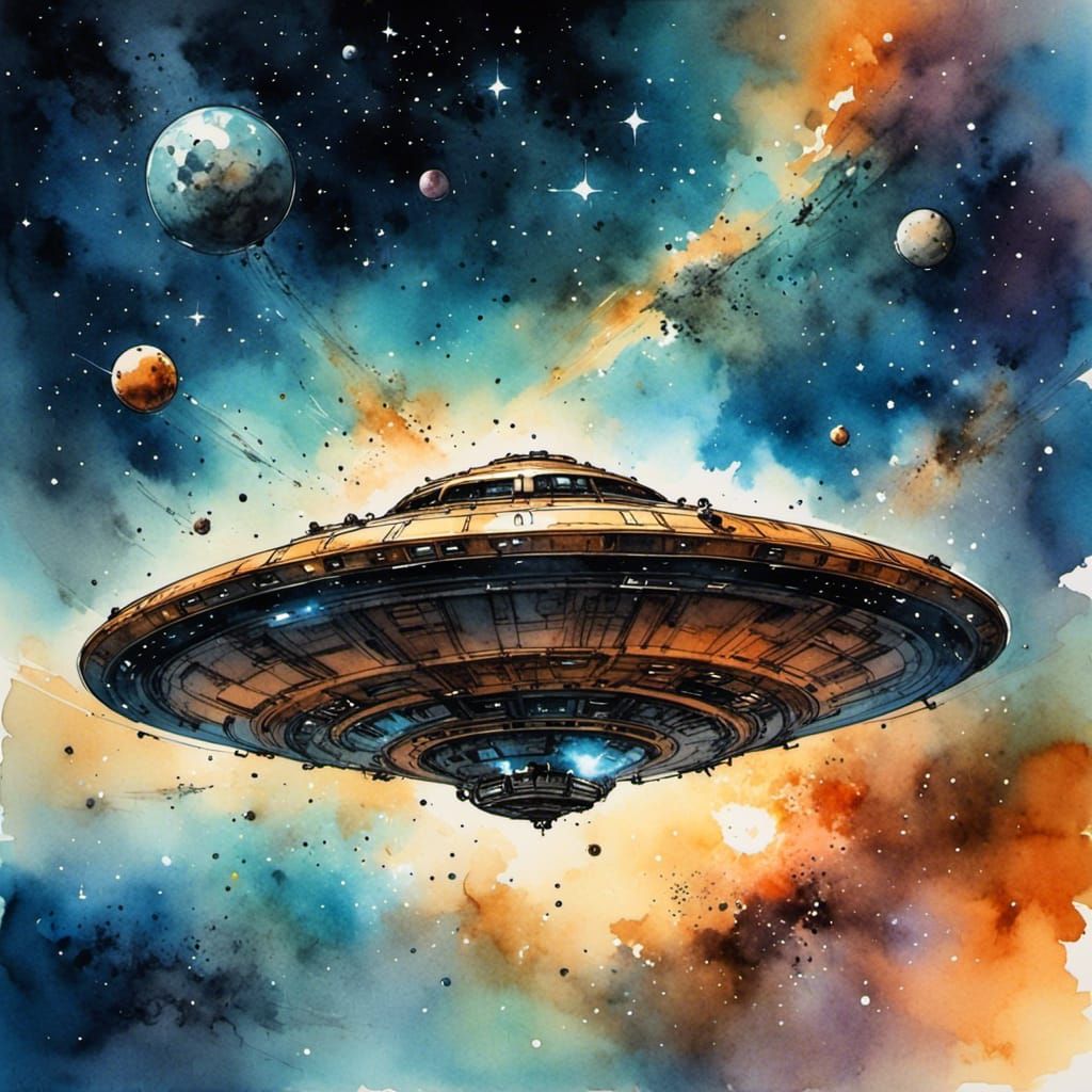 UFO flying through a Large systems of stars, gas, dust, <lora:Caffeine Fuelled:1.0>