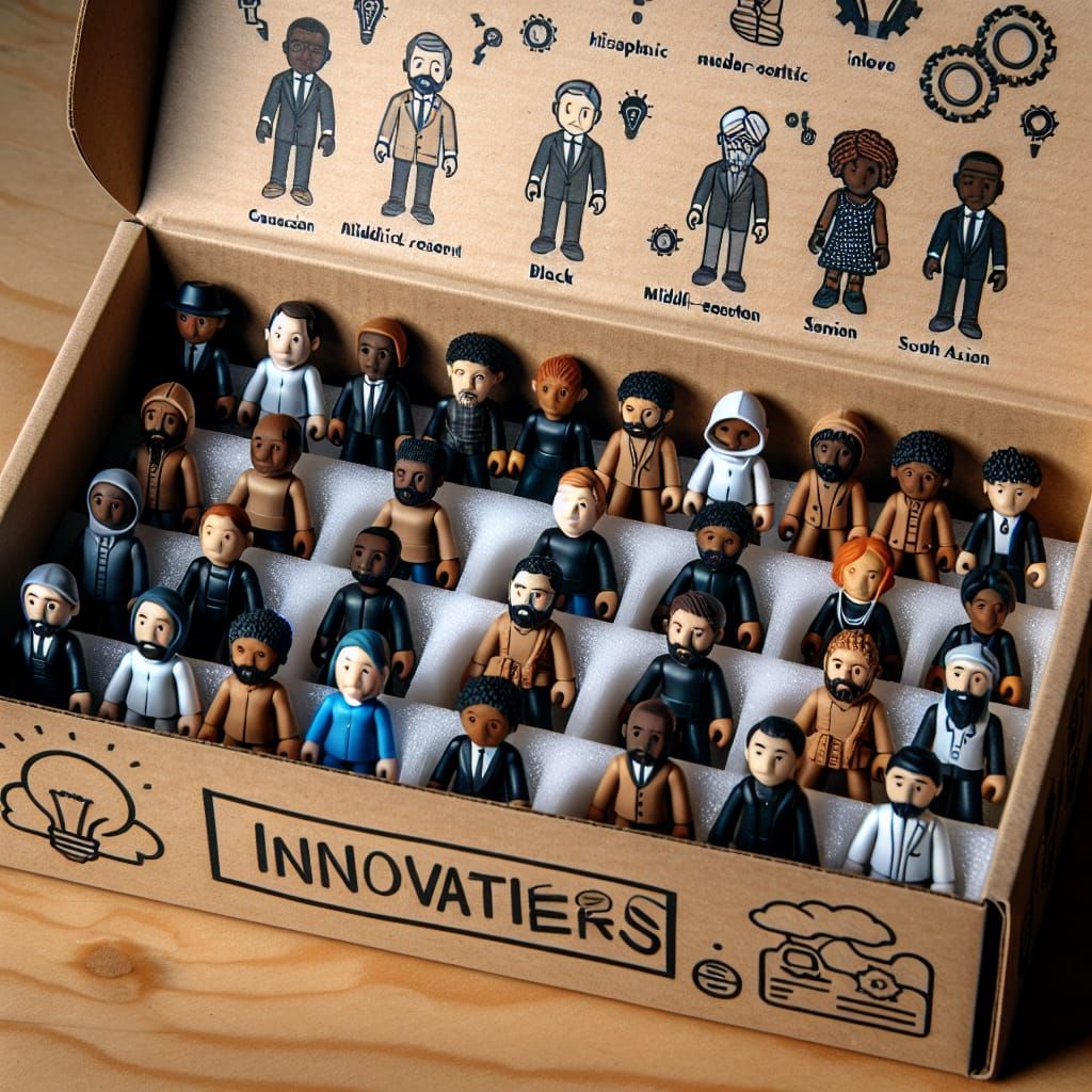 A cardboard toy box of little plastic tech entrepreneurs   by @Betty-Mae