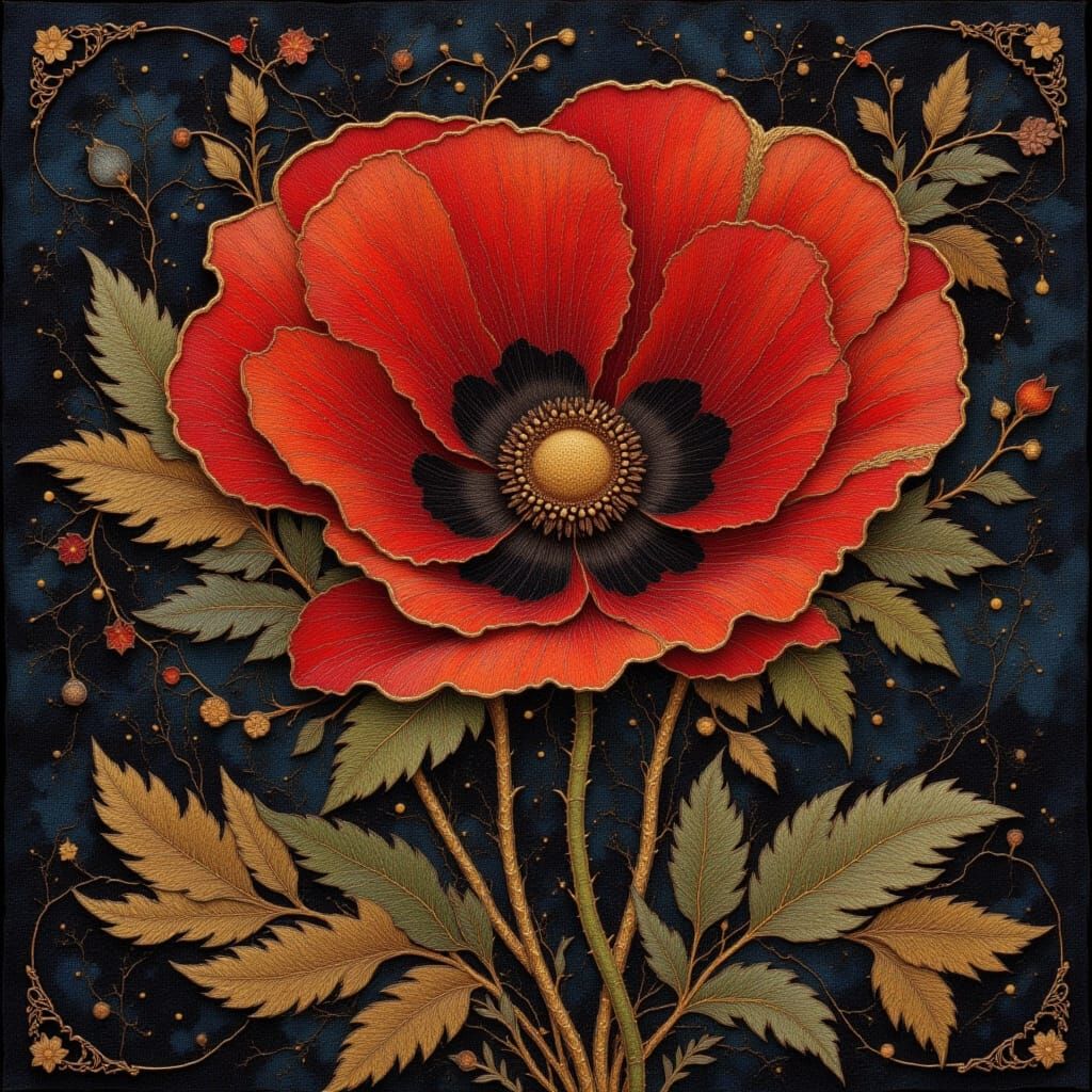 Deep Red Poppy Tapestry in Romantic Folk Art Style