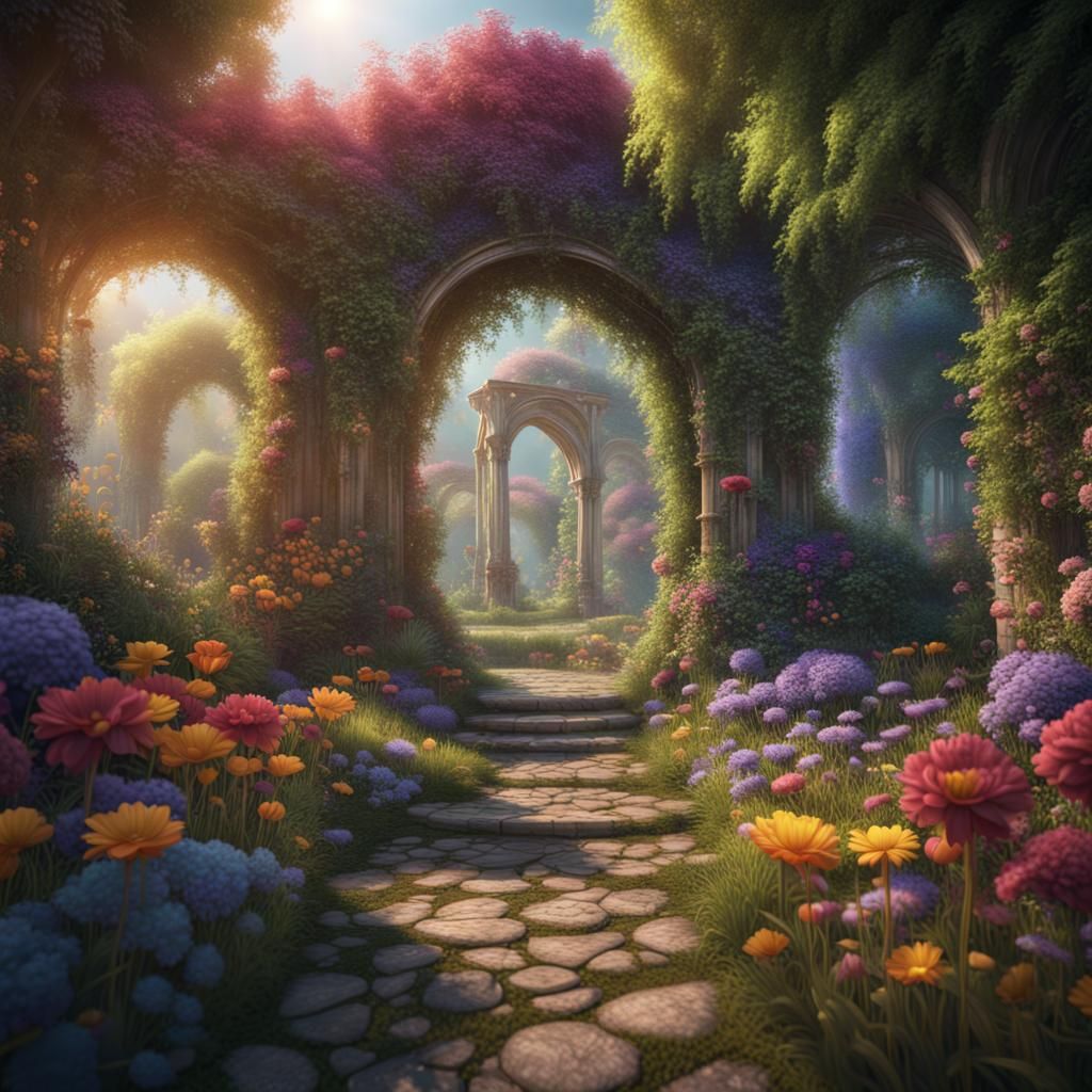 A secret garden with rainbow flowers