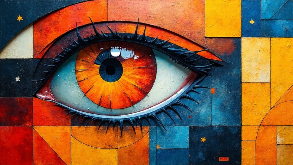 Cubist Eyes and Stars in Geometric Fauvism Style