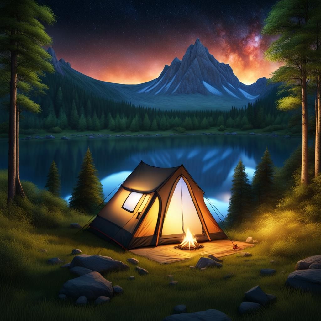 A camp tent under a starlit night on a grassy hill with tree...