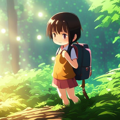 Cute Anime baby girl close with backpack in deep forest ,sun...