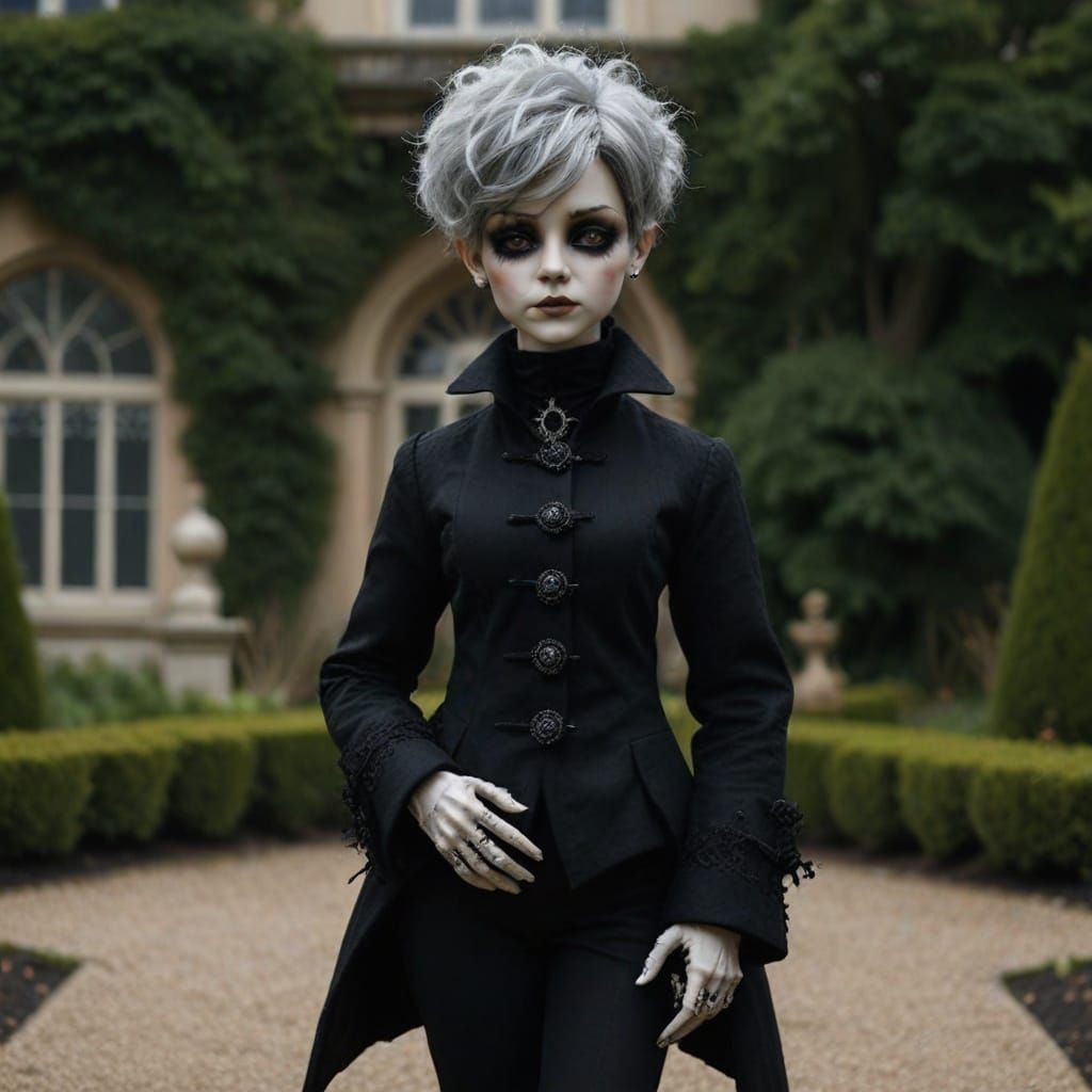 Gothic Doll in Ornate Black Attire Stands in a Luxurious Gar...