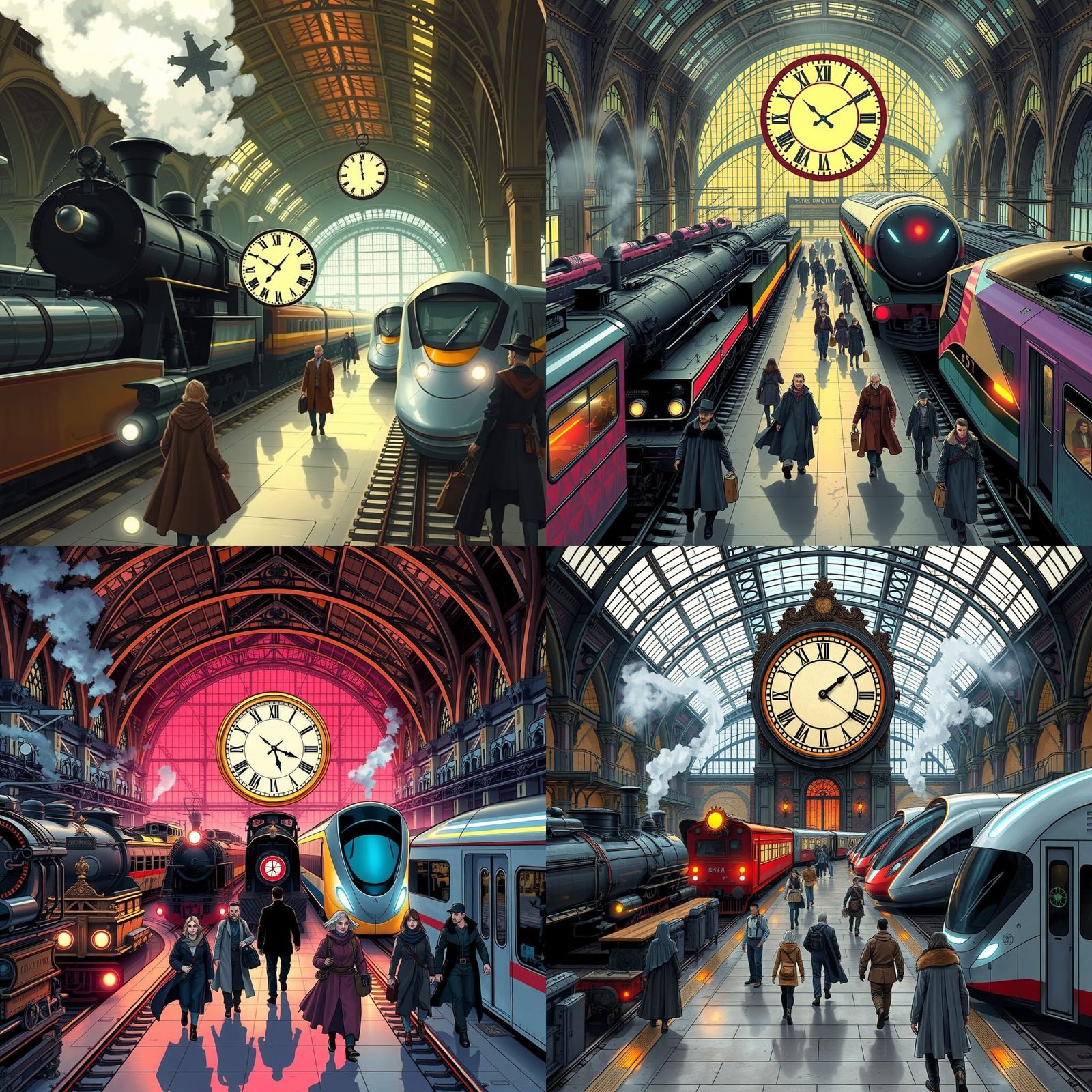 Time-Lost Train Station with Retro and Future Locomotives