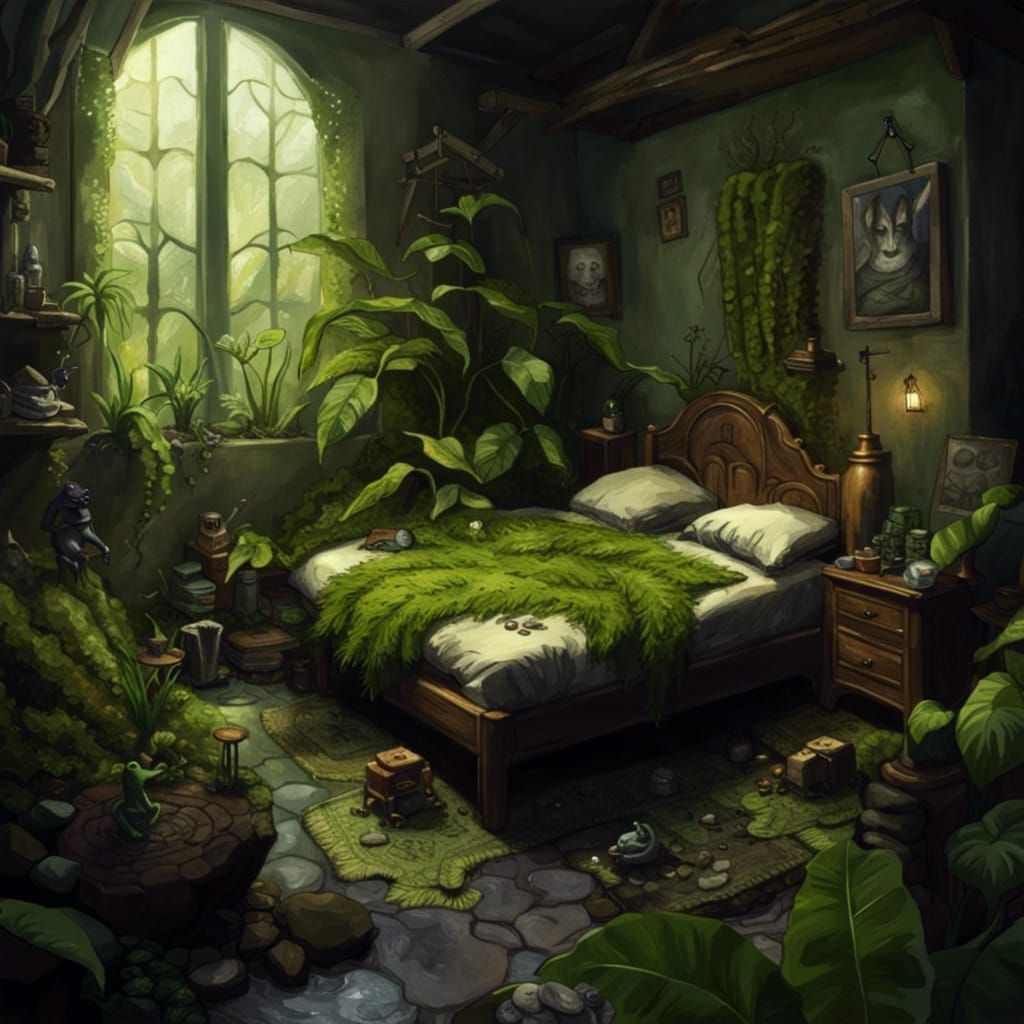 Bedroom in Goblincore style, with a lot of plants 🌱 - AI Generated Artwork  - NightCafe Creator