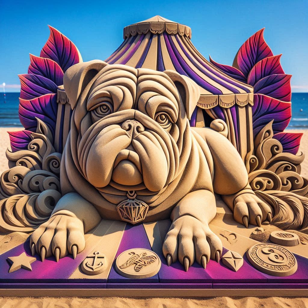 Sand sculpture artwork Bulldog with a circus tent on his back