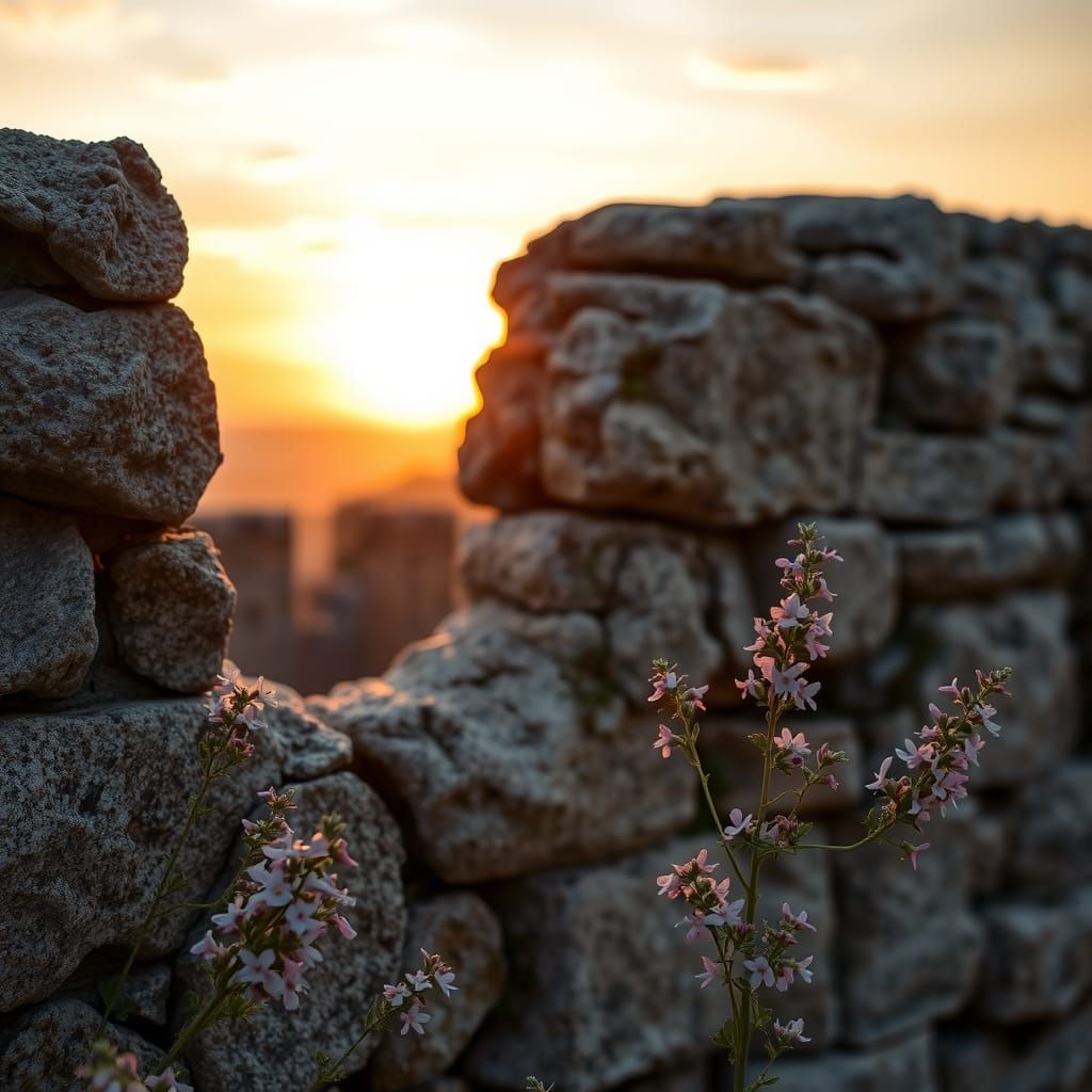 Alte Steinmauer in einer Burgruine, darauf wachsen kleine zarte Mauerblümchen, lilafarben, die Mauerblümchen ...  by @Karen