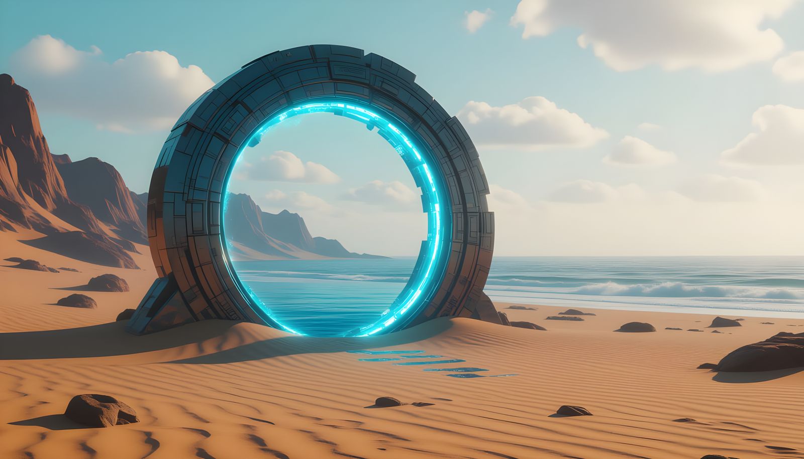 A Glowing Blue Portal In The Desert, The Portal Shows An Ocean World Inside It  by @Mia