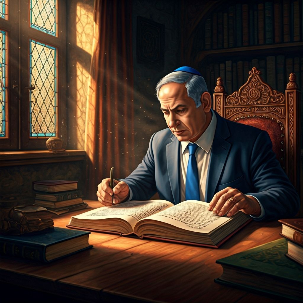 Netanyahu Studying Talmud With Rabbi in Rembrandt Style