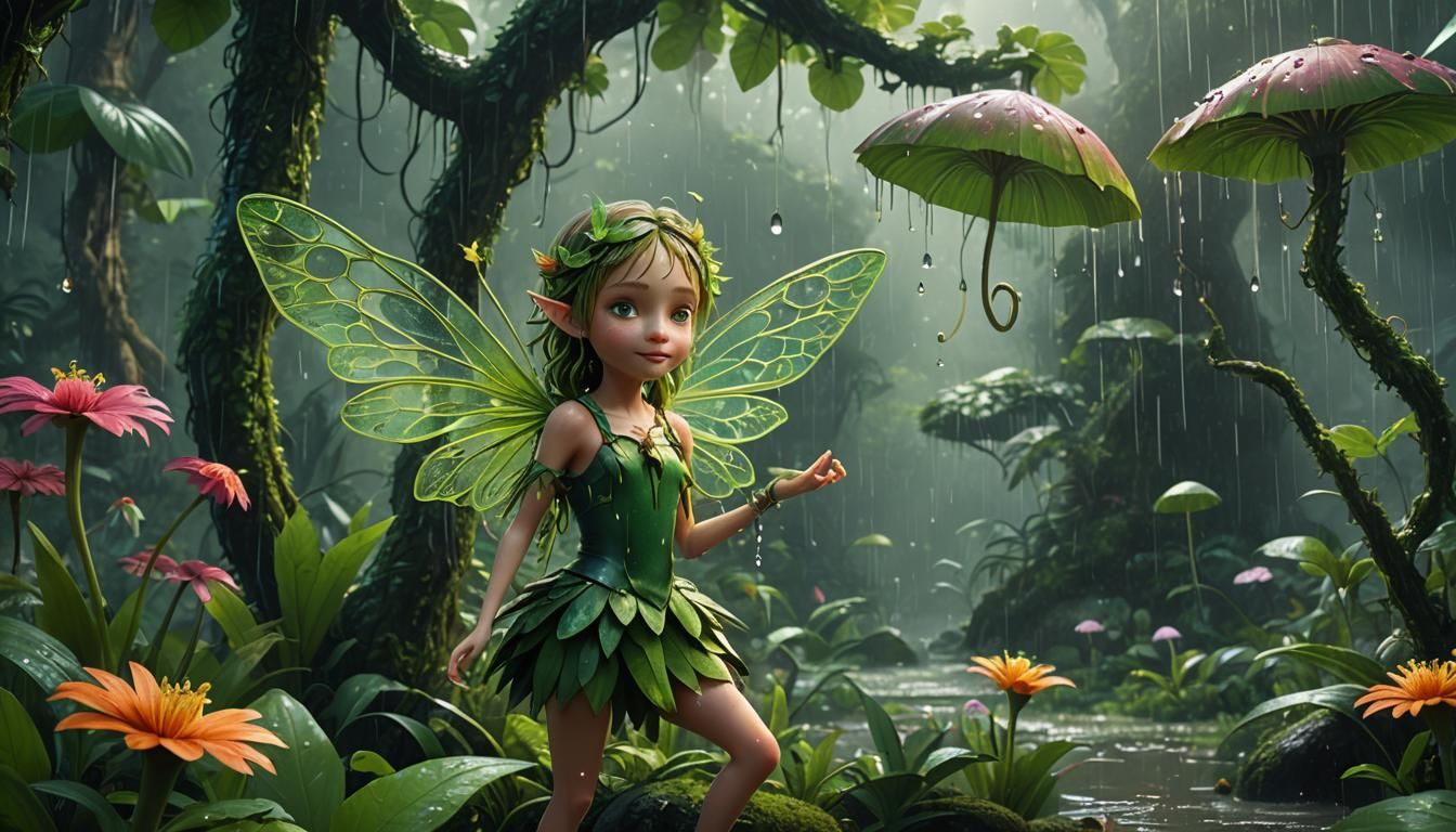 a magical rain forest while raining. with a green cute little Fairy on ...