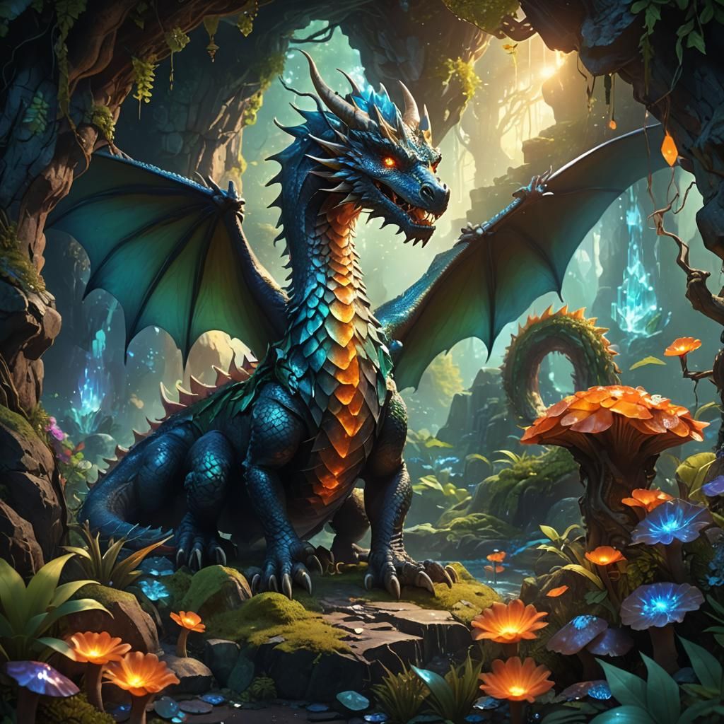 Majestic Dragon in Glowing Crystal Cave