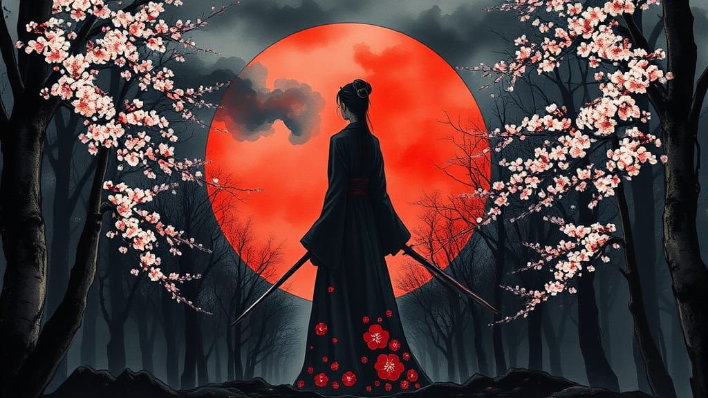 Japanese watercolor painting of a samurai woman standing in a dark forest with a large red sun in the ...  by @Niels Carlsen