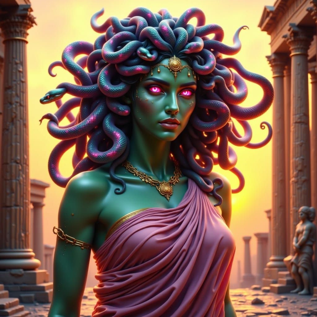 beautiful medusa, rainbow snakes for hair, colorful ancient greek attire, bright neon pink eyes, pride ancient greek background <lora:Medusa...