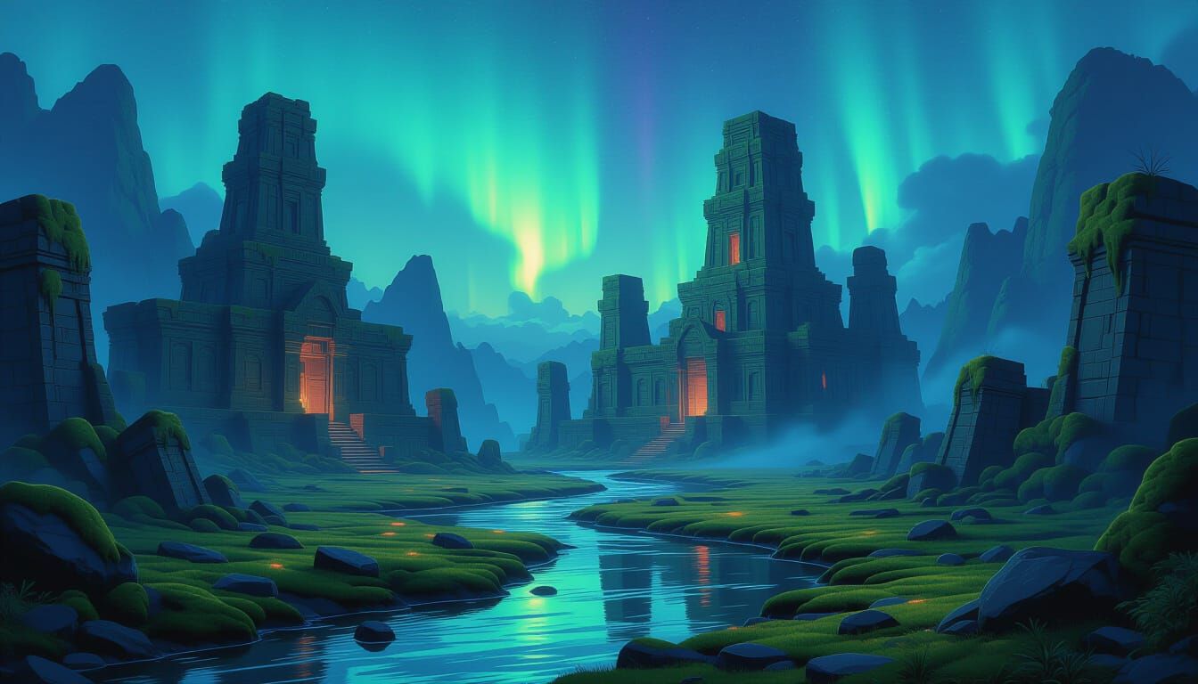 Ancient Fantasy Ruins Under Aurora Sky