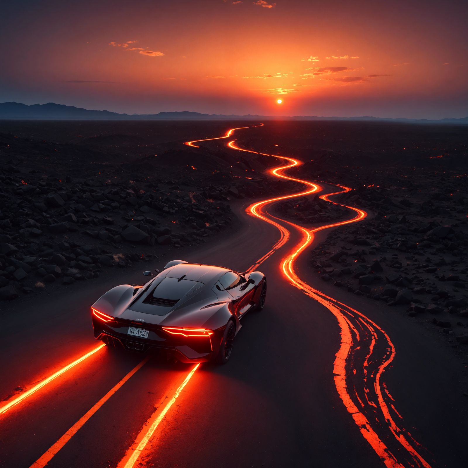 drone view over desolite road, red and black neon futuristic...