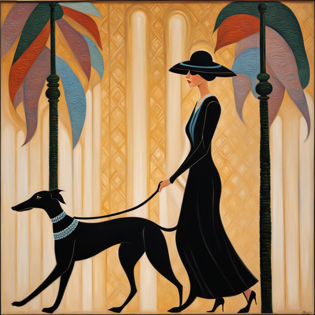 Portrait of ART DECO WOMAN WALKING A GREYHOUND in Black by Erté - AI ...