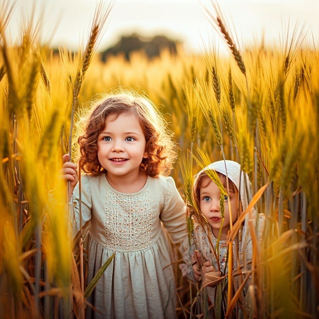 Little Girls Play Hide and Seek in Golden Wheat Fields