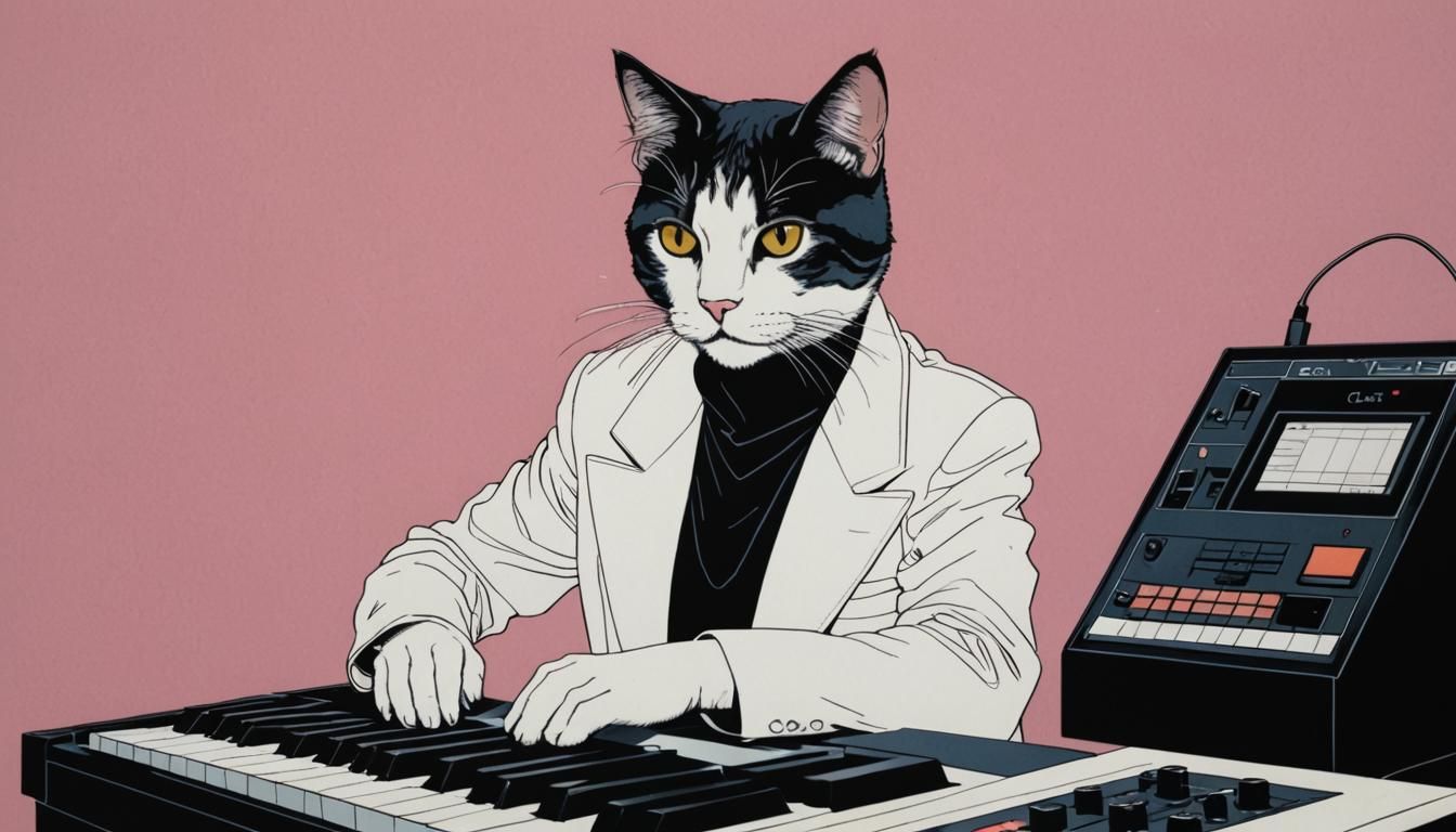 80s cat plays the synth, by Patrick Nagel