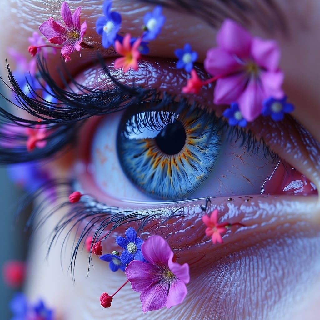 <lora:MJ6 EyeFlux:1.0> Floral Eyebrow Arch: Intricate vines and exotic flowers weaving through the elegant arch of an eyebrow, blooming in v...
