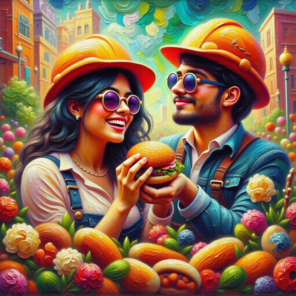 Vibrant Neo-Impressionist Oil Painting of Construction Worke...