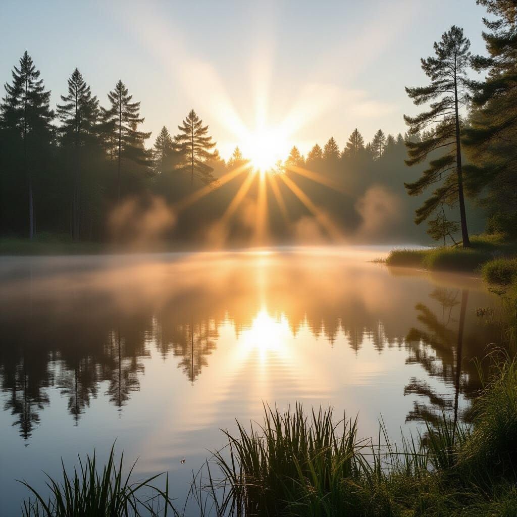 morning fog over the lake in the wood, sun beams from rising sun  by @Roberto Mañeros