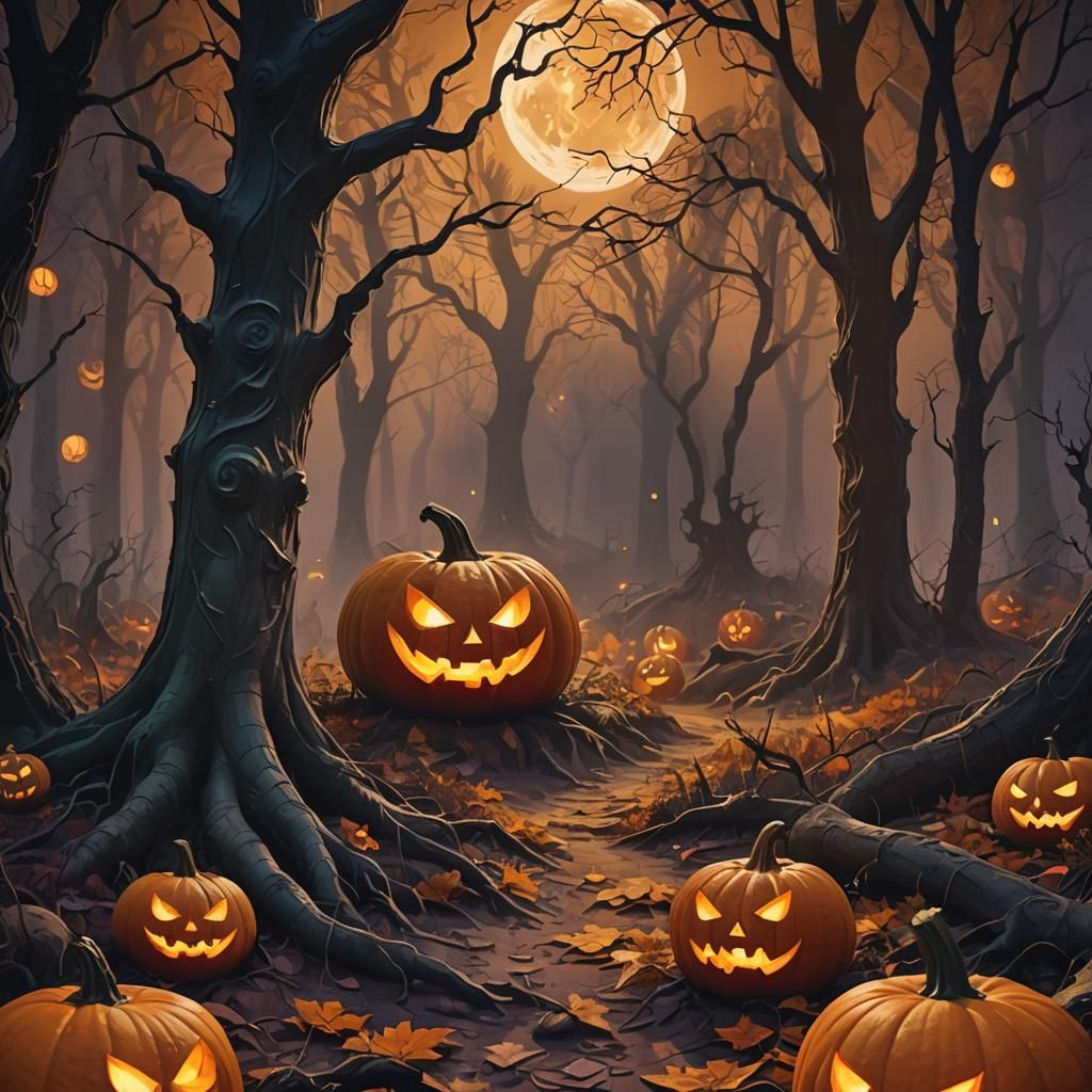 Spooky Pumpkin in Forest, Fauvist Digital Art