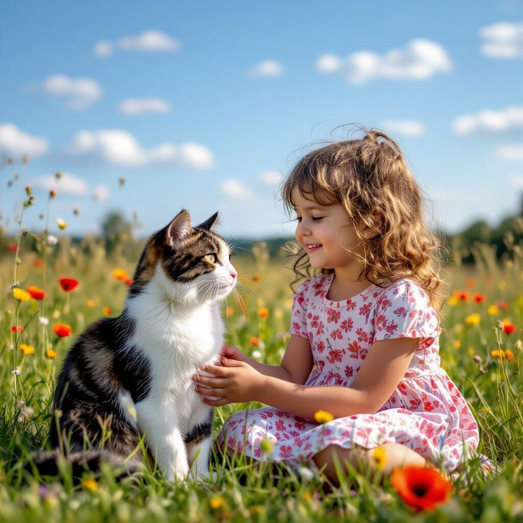 Little Girl Holding Cat on Green Grass with Red and Yellow F...
