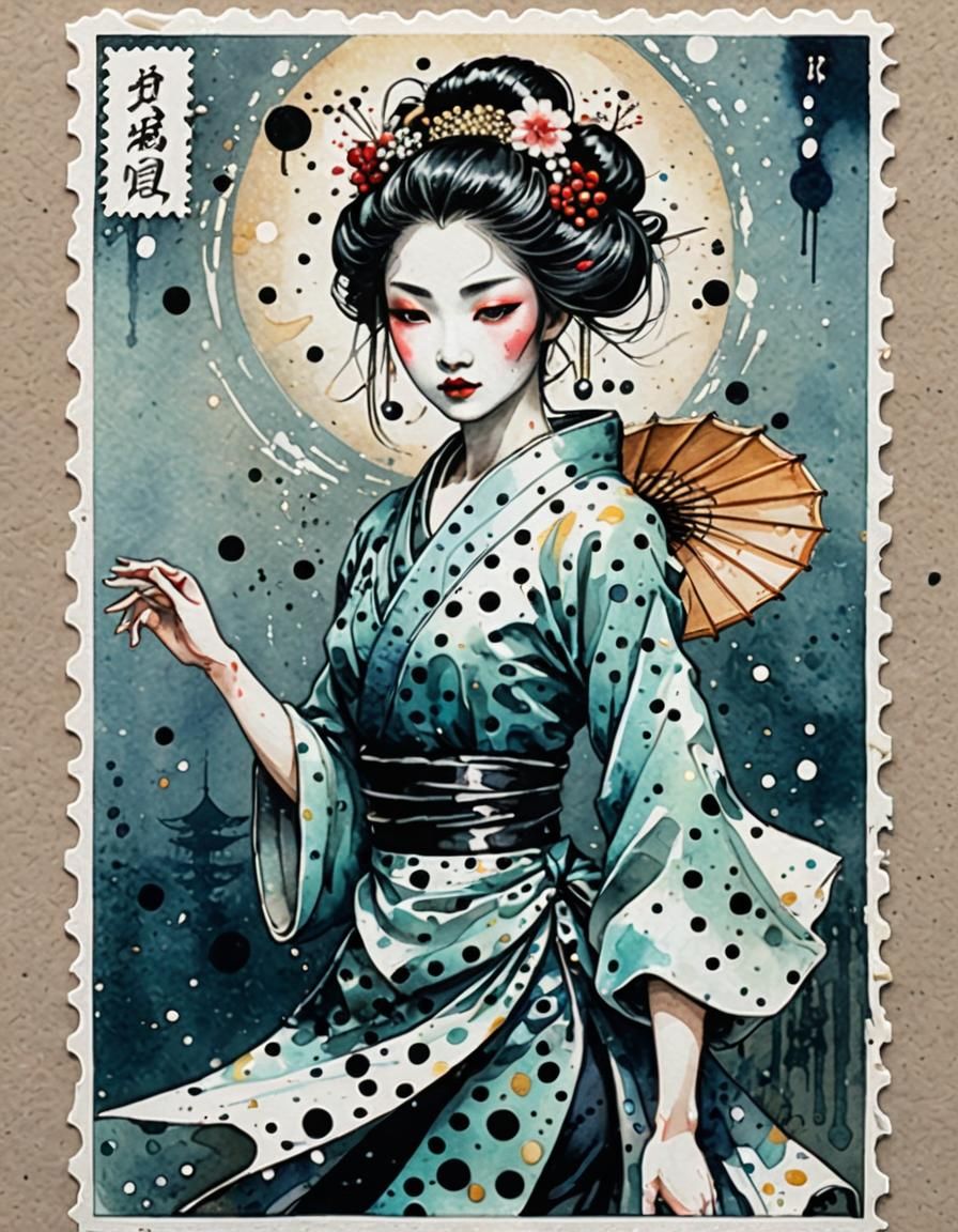 Faux postage with perforated edges. Geisha ballerina Surreal...