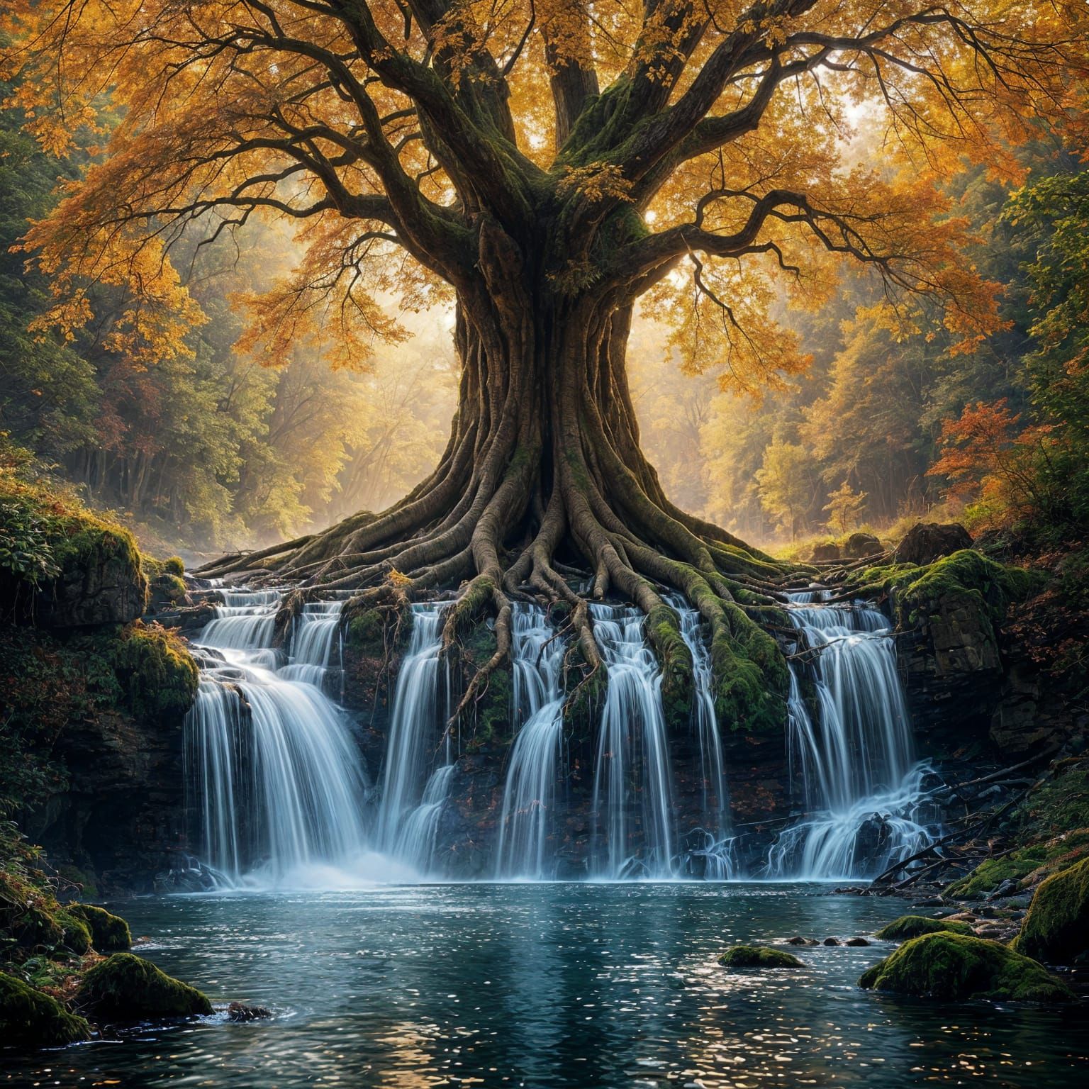 Autumn Waterfalls. Fantasy.photograph.full shot. A colossal ancient tree with roots forming a natural dam, from which water cascades down in...