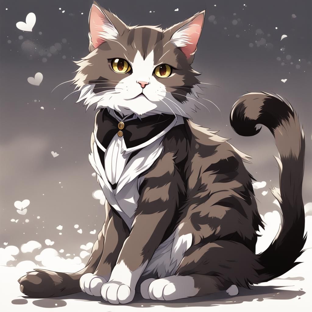 a dark brown and dark grey tabby cat with a small white patc...