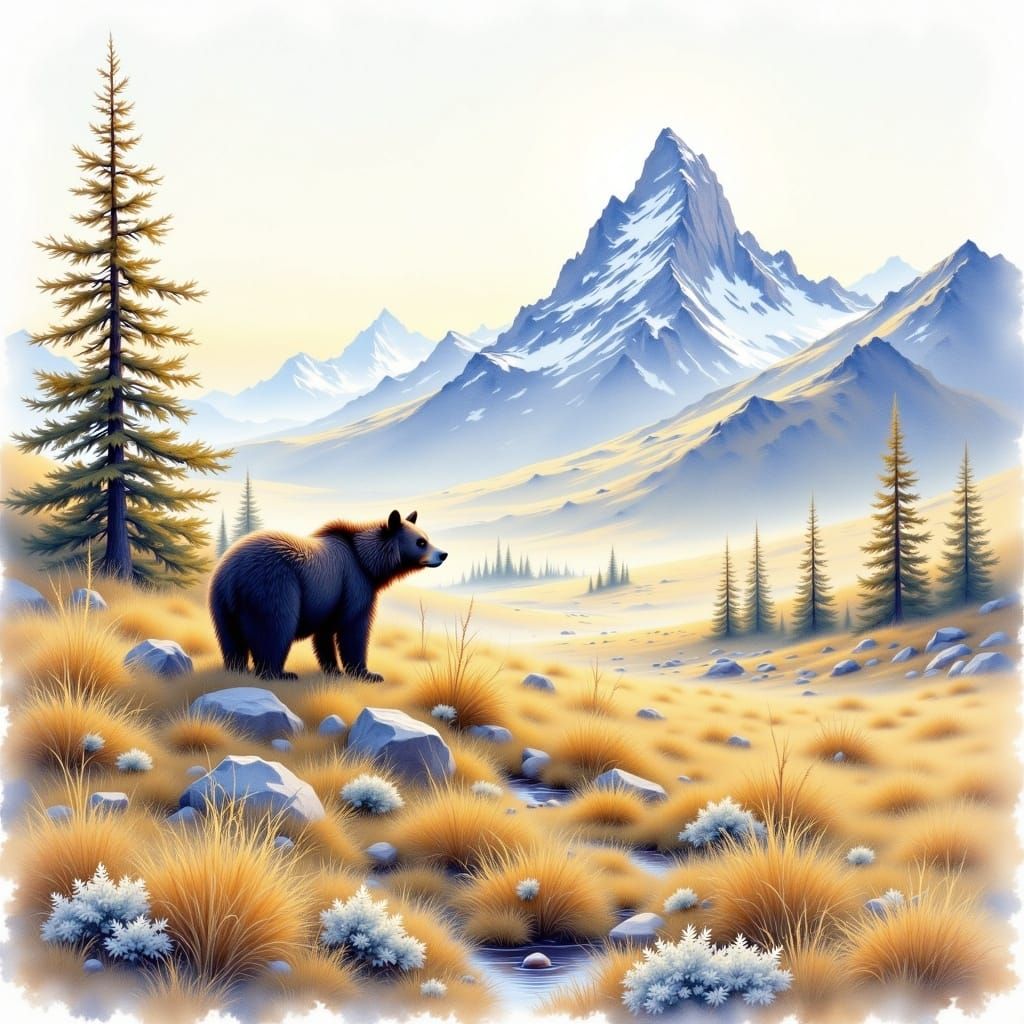 In Claude Monet style. Epic view of a tundra biome with a black bear present. Watercolor. <lora:Watercolor worlds 3:1.0> 