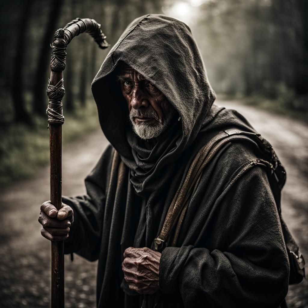 pilgrim walker with staff and hood, costume, full body