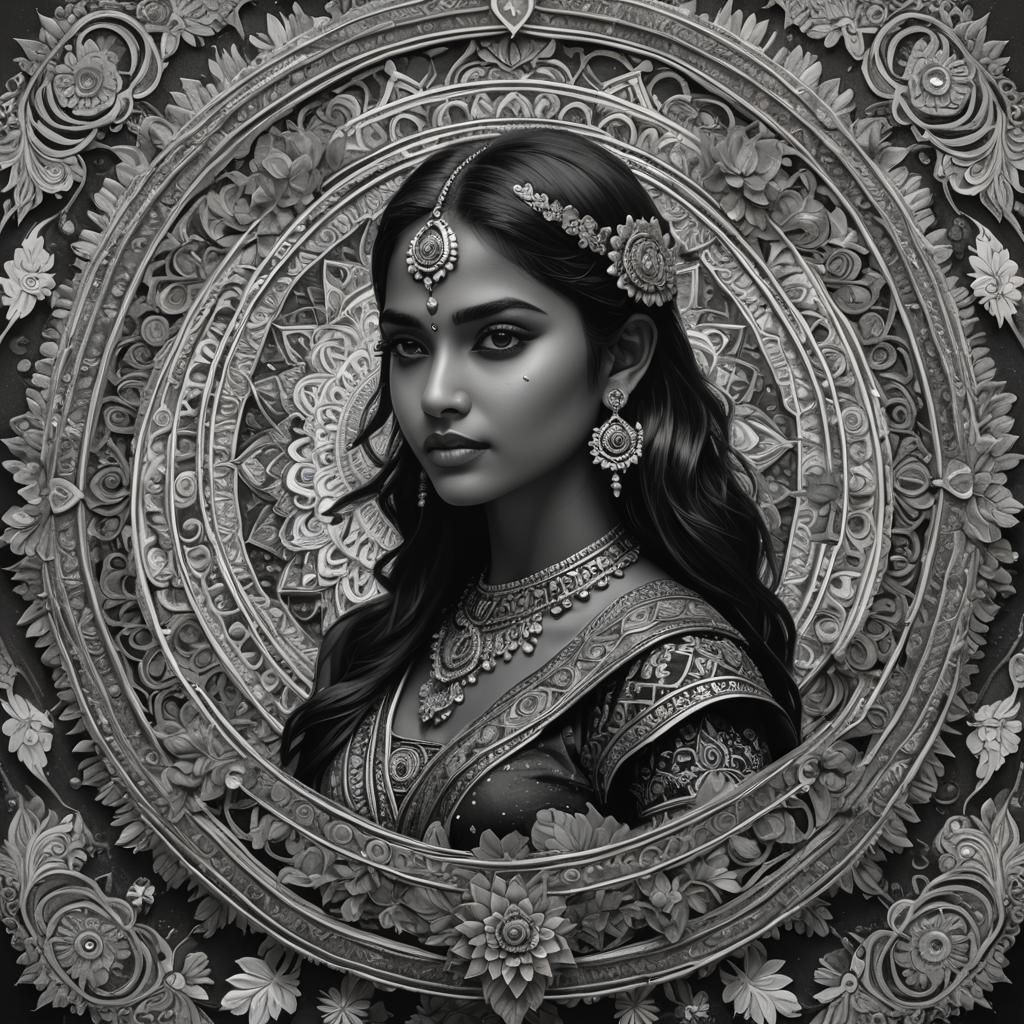 Mandala art on a indian girl photframe, black_and_white.