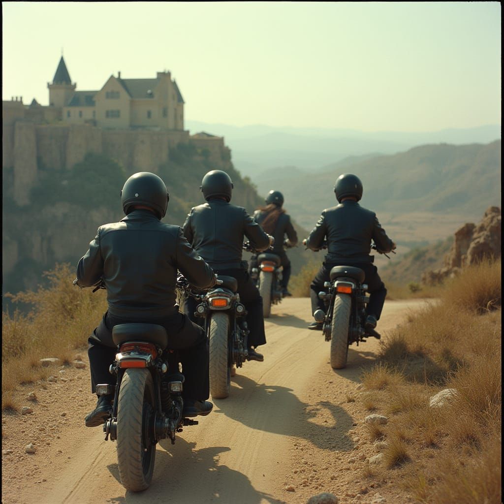 Rabbis Ride Motorcycle to Castle: Cinematic Film Still