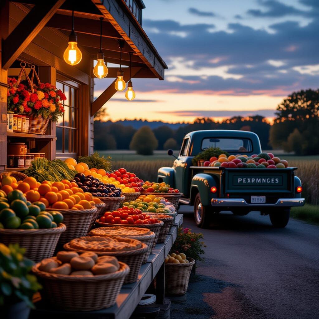 A bustling roadside farmstand at dusk, illuminated by the warm glow of strung Edison bulbs  by @grl_pwr