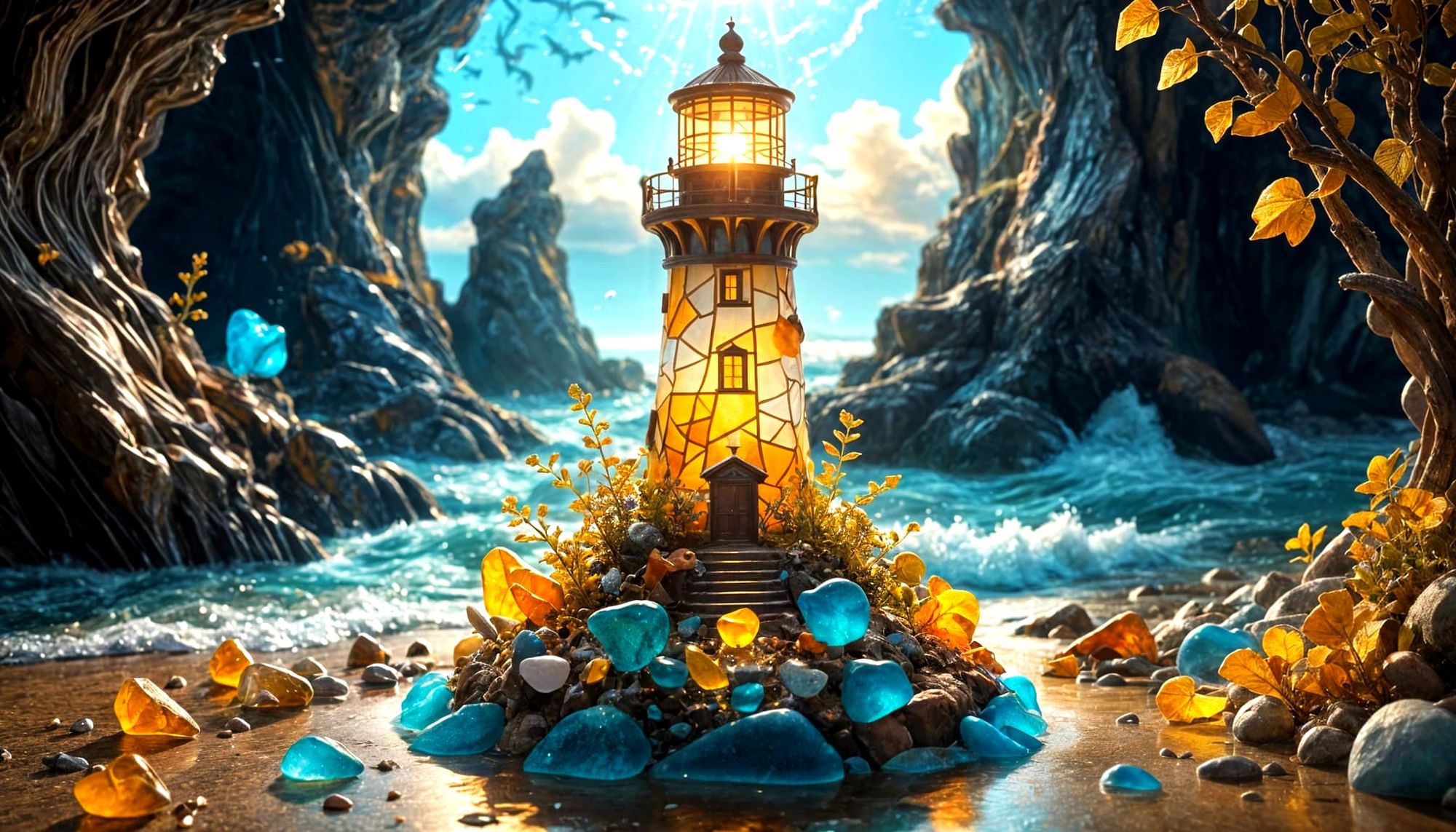 Sea Glass Sculptures:2.5) very beautiful insanely detailed image of glowing seaglass lighthouse in golden October". beautiful golden colors,...