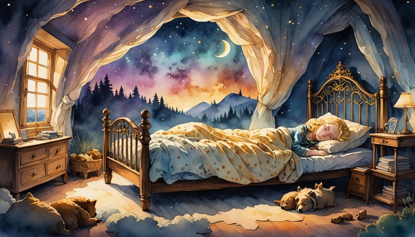 Illustration of sleeping goldilocks, comfy tiny bed, Nebulous Silhouette dream culture fast exposure Digital watercolor, stylized watercolor...