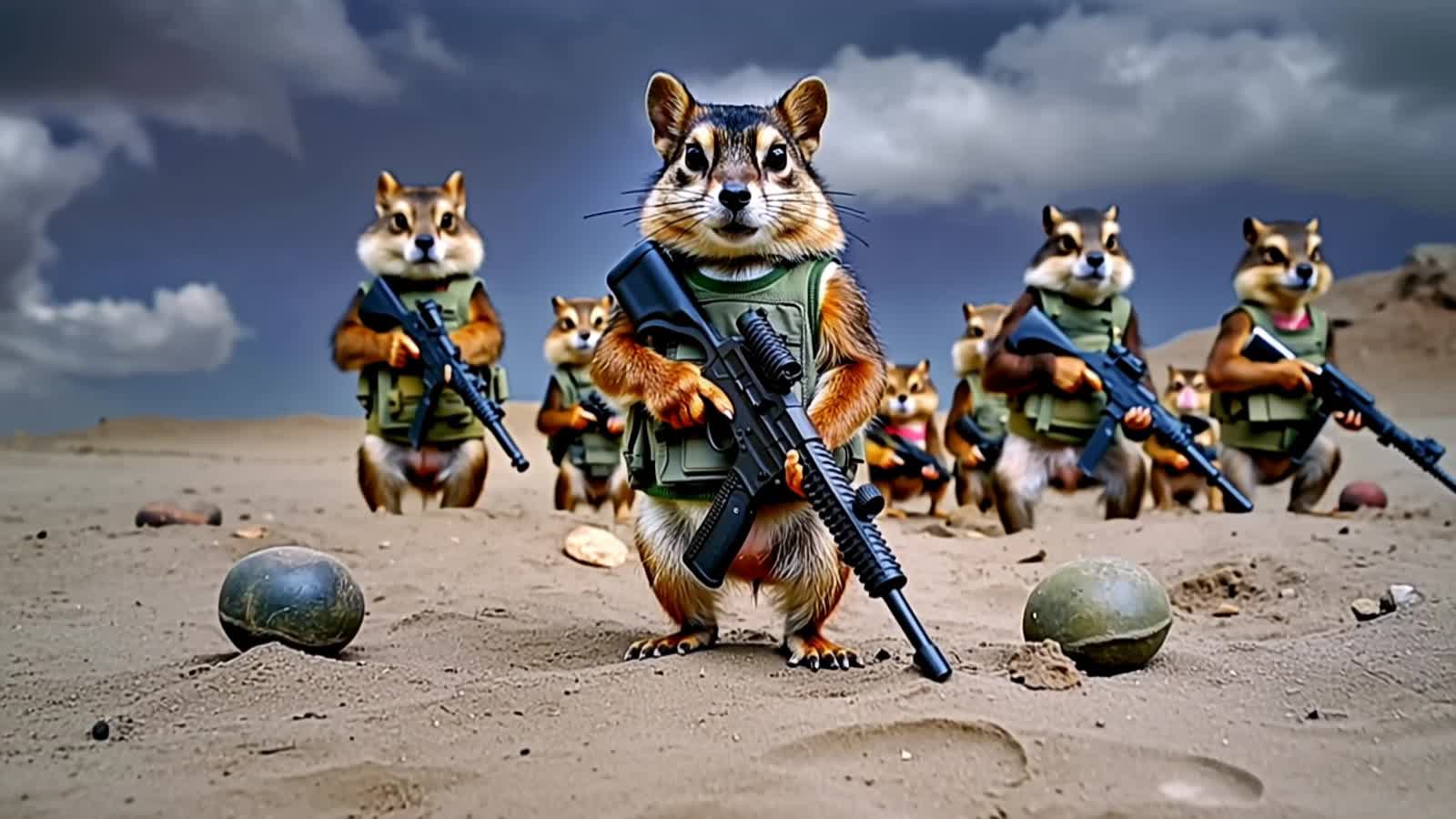 chipmunk  holding an AR rifle in front of a chipmunk army with a bulletproof vest on