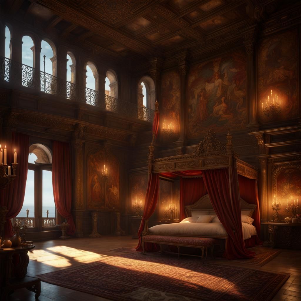 16th century italian palace bedchamber. fireplace. candlelig...