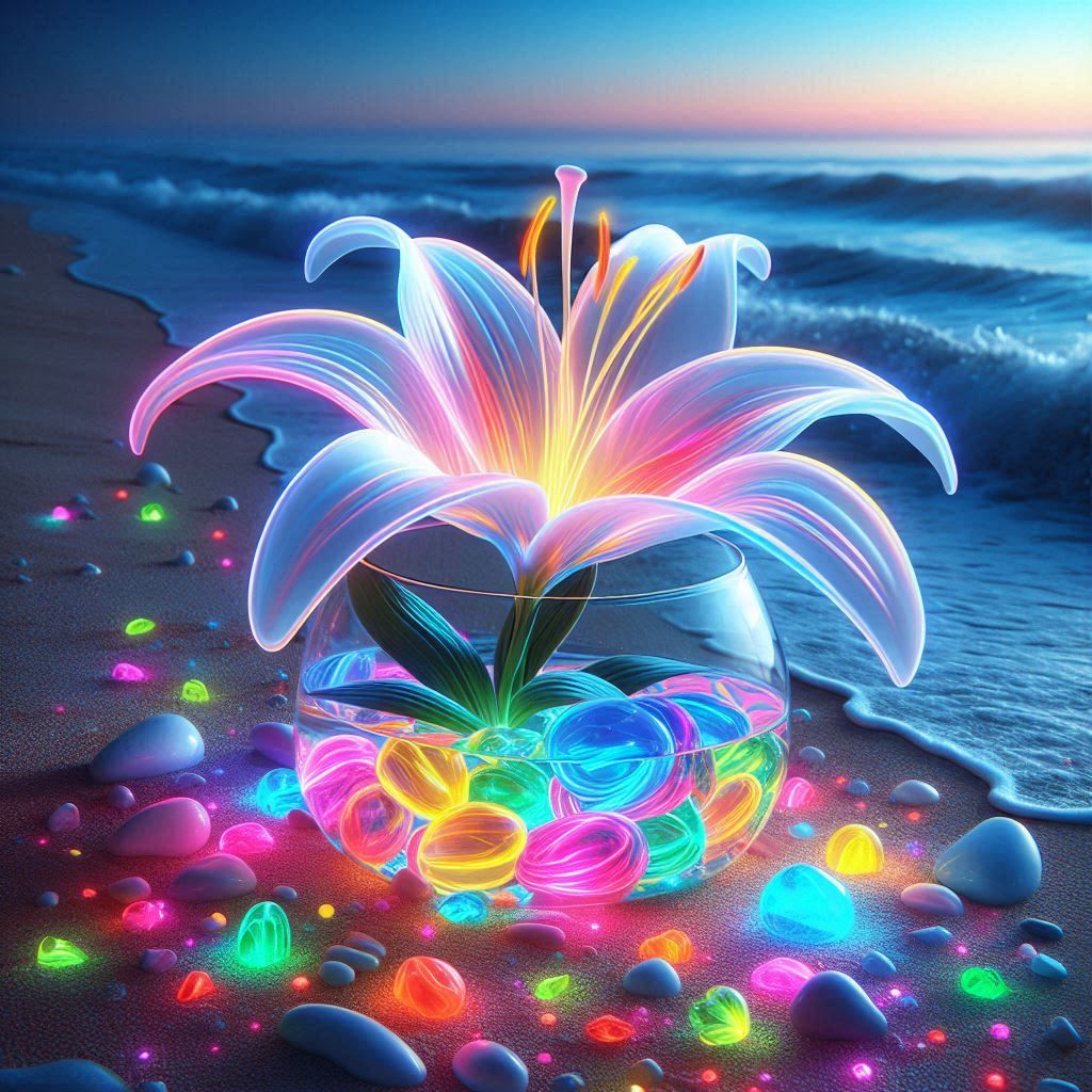 Glowing Lilies on the Beach with Neon pebbles (2)