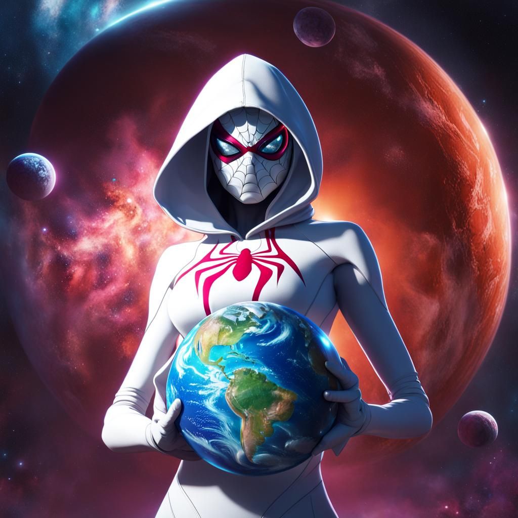 Spider-Gwen, with hood and mask, depicted as a colossal giant woman, in  space, holding planet earth in her hands - AI Generated Artwork - NightCafe  Creator