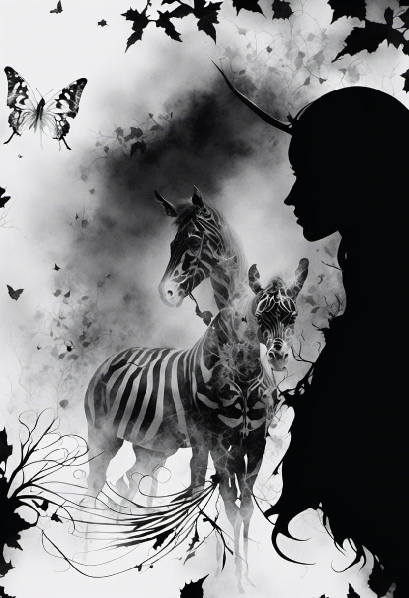 <lora:Dreams Photogram:1.0>  Female Goth fairy zebra Centaur