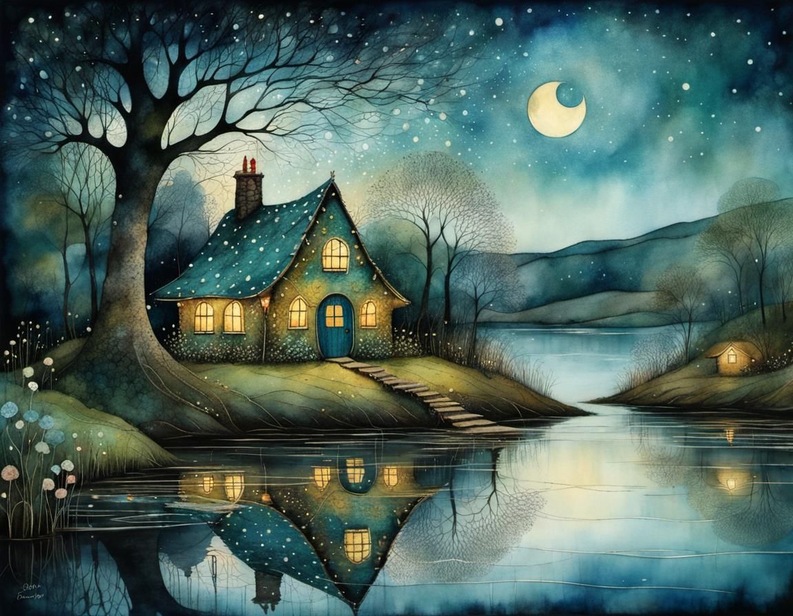 fairy cottage at the side of a lake  by @Amy 