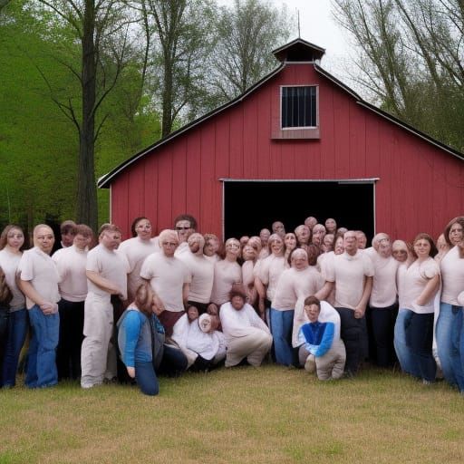 Group photo of dead people Infront of barn
