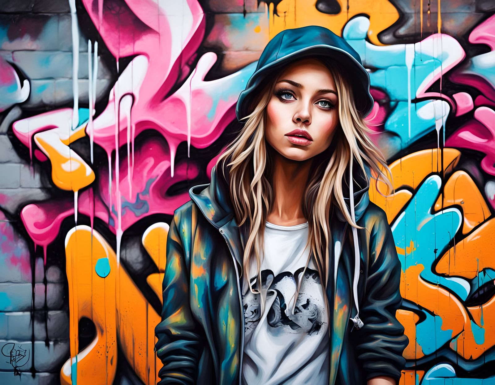 Beautiful Girl on graffiti wall