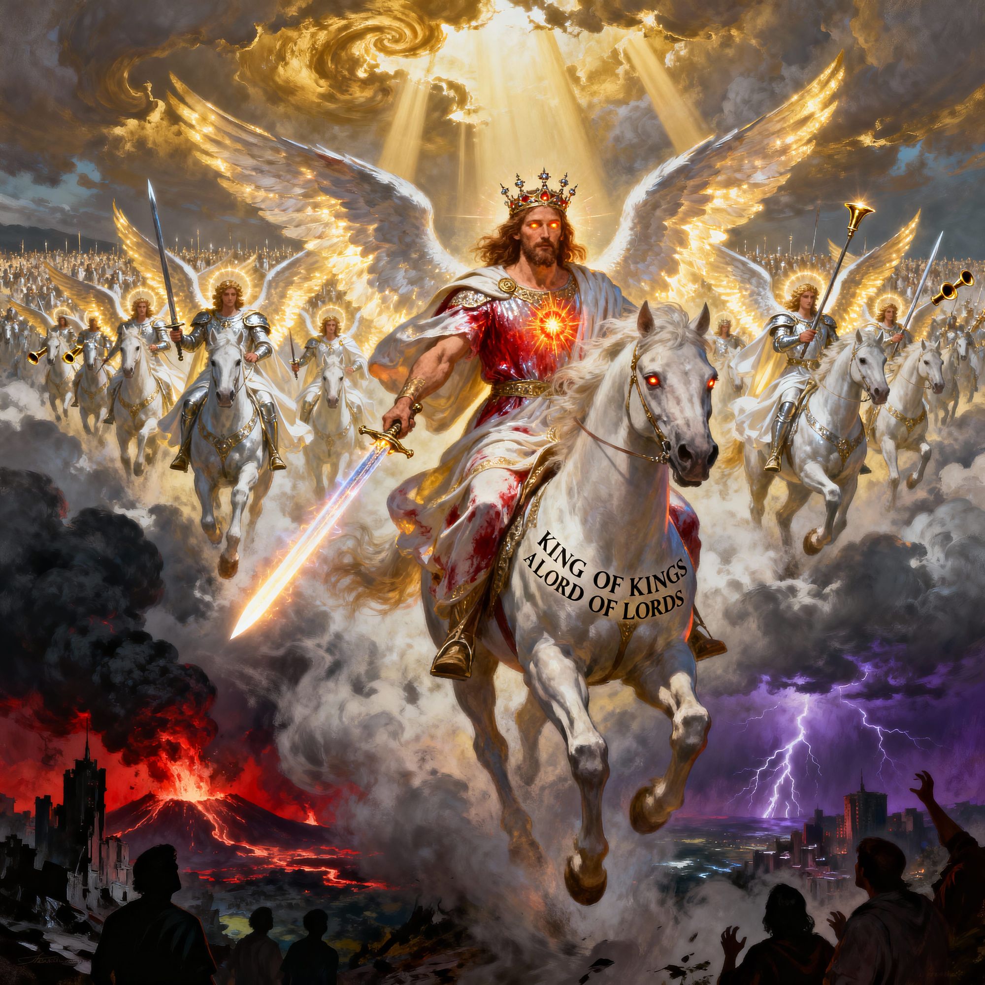 Create a high-resolution digital fantasy artwork portraying the Second Coming of Jesus Christ as described in Revelation 19:11–16. The scene...
