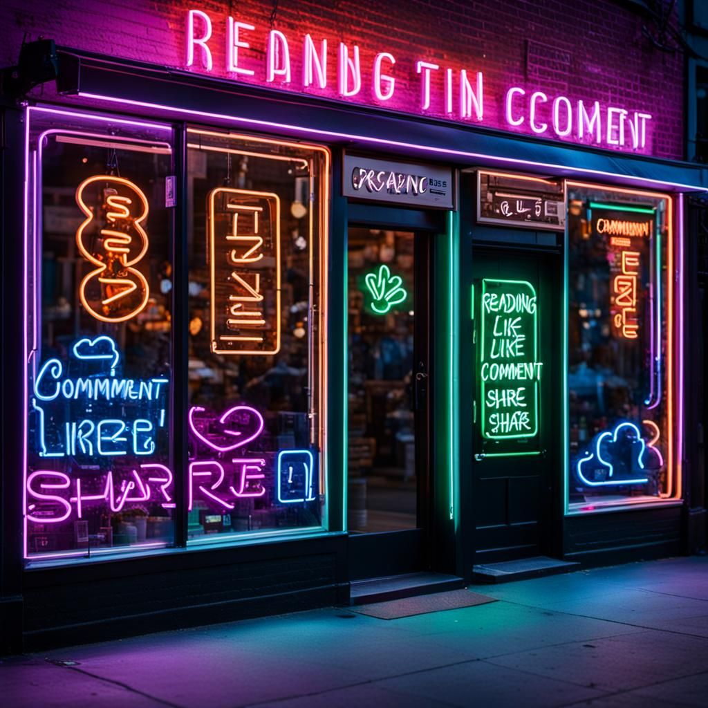 (Neon signs reading LIKE, COMMENT, SHARE) in front of a buzz...